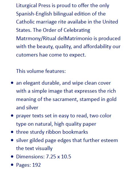 NEW Order of Celebrating Matrimony / Ritual del Matrimonio - Bilingual Size & Fit Guide 